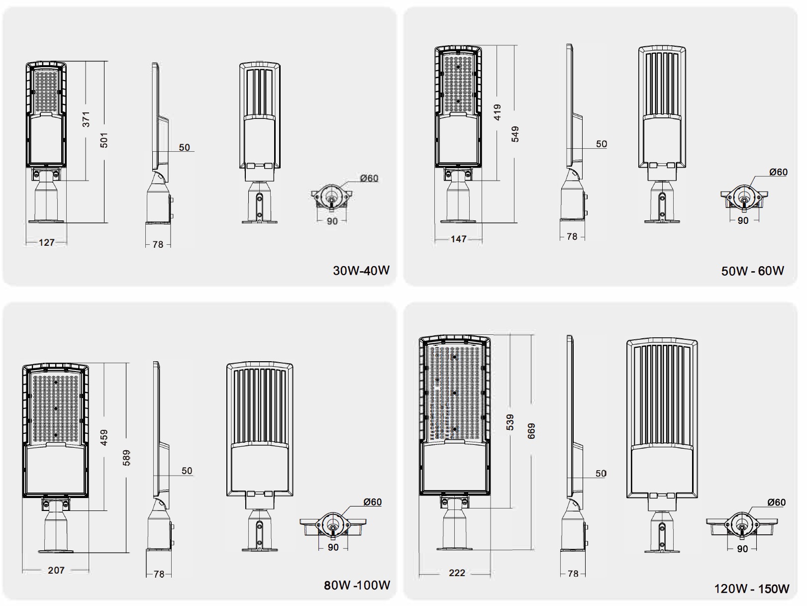 150w led street lamp size