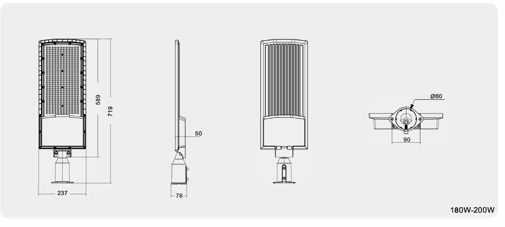 200W 180W LED Street & Rural Roadway Light size