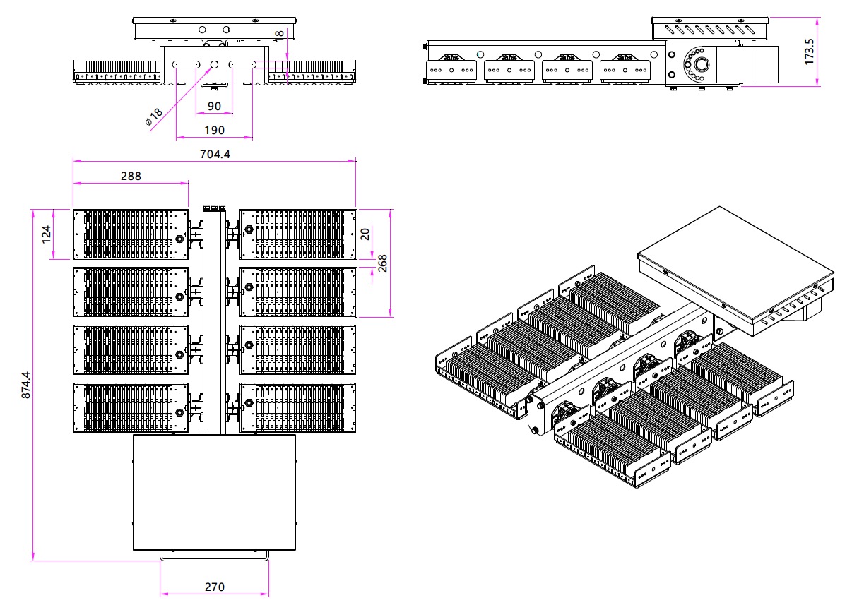800W LED Stadium Floodlight Fixtures 128000Lumens IP65